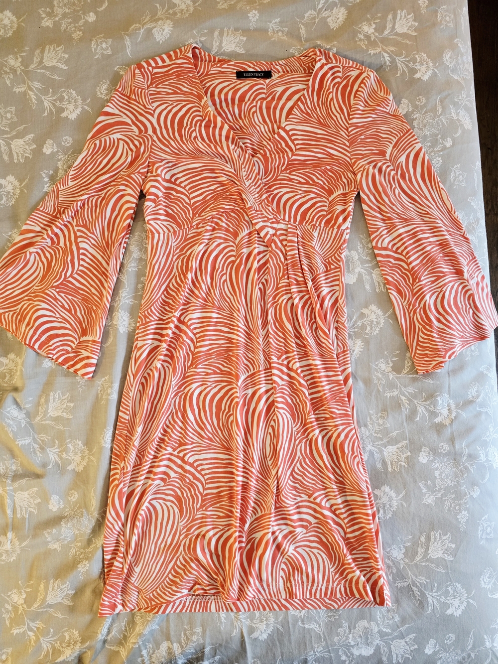 Ellen Tracy Coral and White Swirl Midi Dress